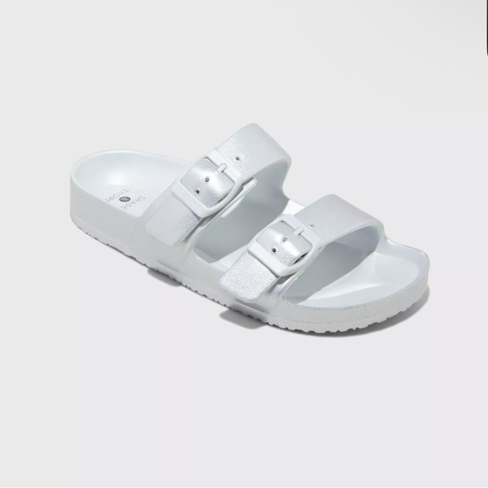 Silver Slide Sandals with Buckle Straps